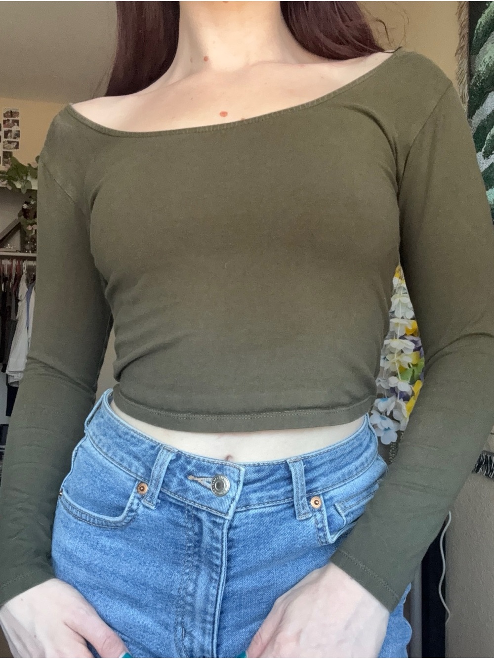 Motel Rocks Olive Off-Shoulder Long Sleeve Crop Top